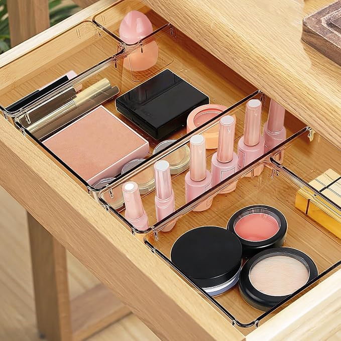 16 PCS Drawer Organizer Set, 5 Size Bathroom and kitchen organizer Trays | Bathroom and kitchen Drawer cabinet organizer Trays, Clear Storage Bins for Makeup, Jewelry, Utensils and Gadgets