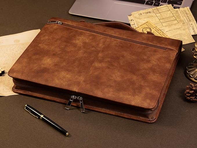 AZXCG Portfolio Binder, Portfolio with Handle and Zipper,Leather Podfolio for Men,Business Padfolio Organizer for Women, A4 Notepad Holder,Gift for Father's Day,Men and Women
