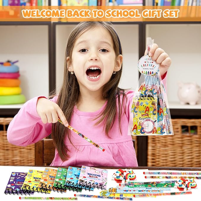 Kolldenn 24 Set Back to School Stationery Set for Students, First Day of School Treat Bags Mini Notebook Pencil Ruler Eraser Sticker Welcome to Schools Gifts for Classroom Gifts Goodie Bags Fillers