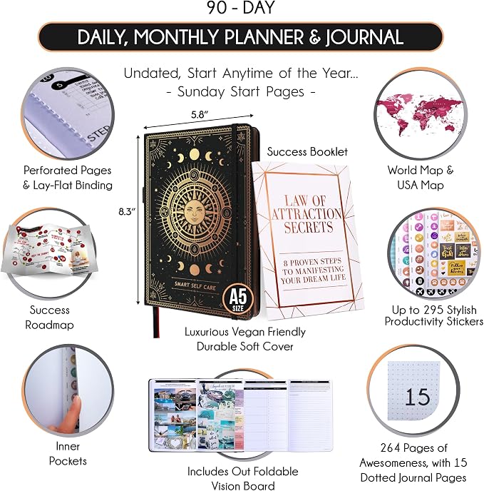 90-Day Goal Planner with Daily Journal, Gratitude & Habit Tracker | Daily Planner, Productivity, Time blocking, Manifestation & Affirmations with Vision Board, Self Care Journal for Women & Men