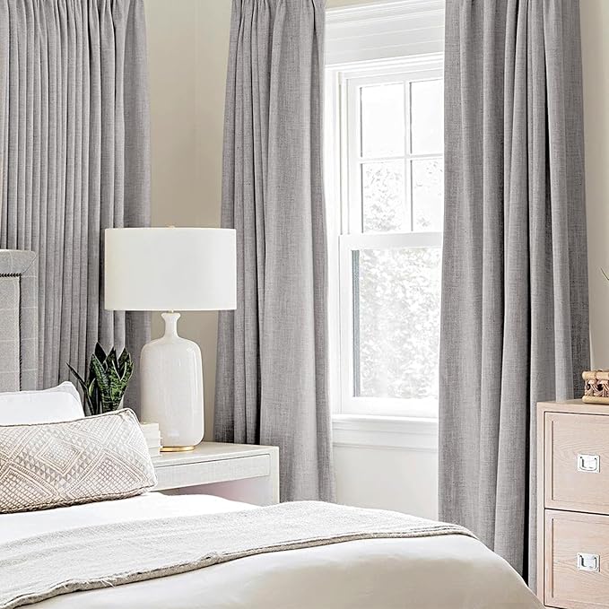 MIULEE Linen Texture Curtains for Bedroom Solid 100% Blackout Thermal Insulated Light Gray Curtains Grommet Room Darkening Drapes for Living Room 52x72 Inch (2 Panels)