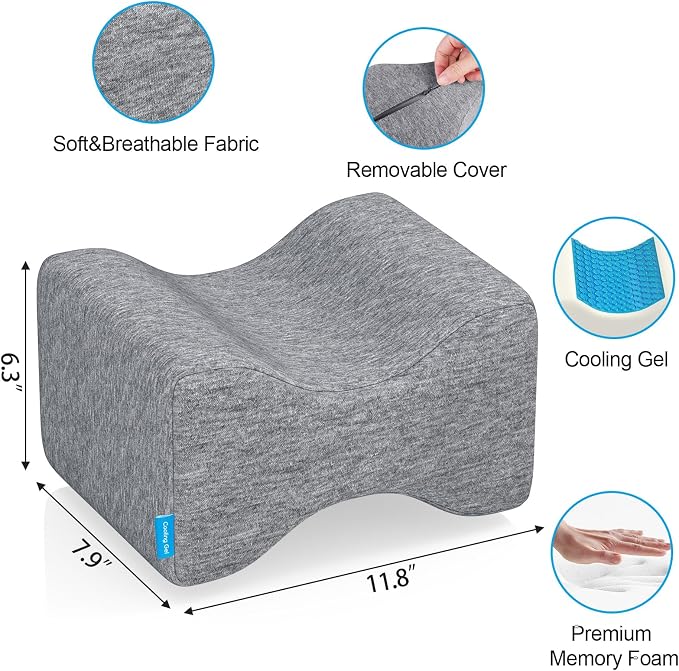 Knee Pillow for Side Sleepers with Cooling Gel, Memory Foam Elevation Pillow for Spine Aligning, Sciatica, Back, Hip, Knee, Ankle Pain, Grey/X-Large