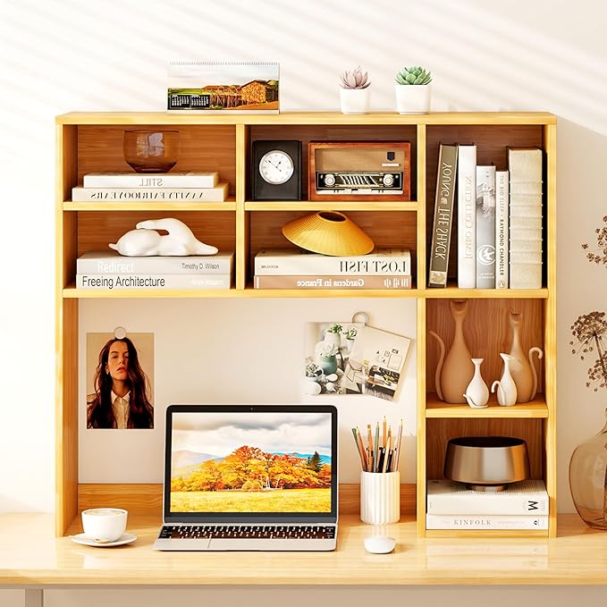 Tangkula Desktop Bookshelf, 37" Countertop Storage Hutch with 7 Cubes & 3 Adjustable Shelves, 3-Tier Desk Display Rack Organizer, Multipurpose Wood Desktop Hutch for Dorm Home Office (Burlywood)