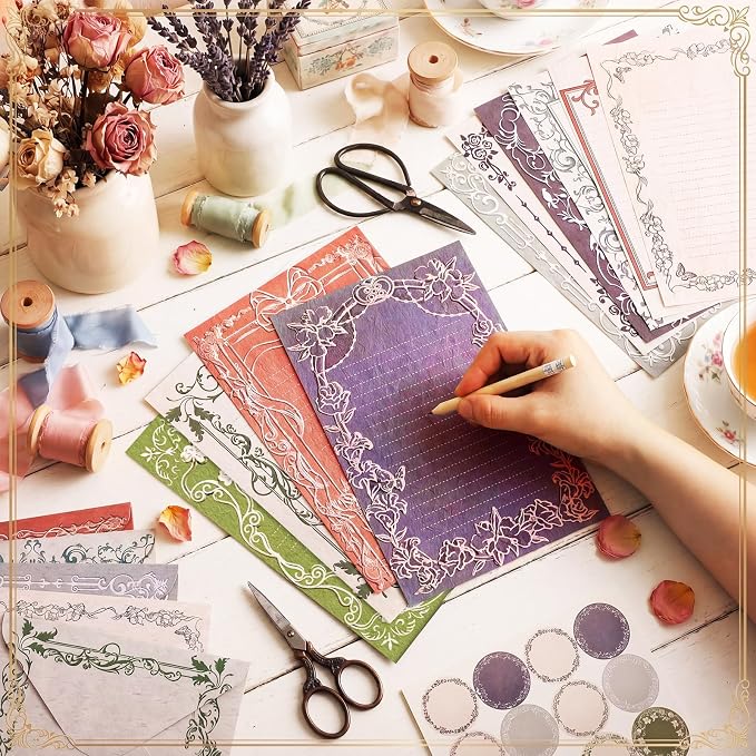 TaoBary 160 Pcs Stationery Paper Set 50 Double Sided Stationery Papers with 50 Matching Envelopes and 60 Round Dot Sticker, 10 design(vintage Lace Frame, 5.5 x 8.25 Inch)