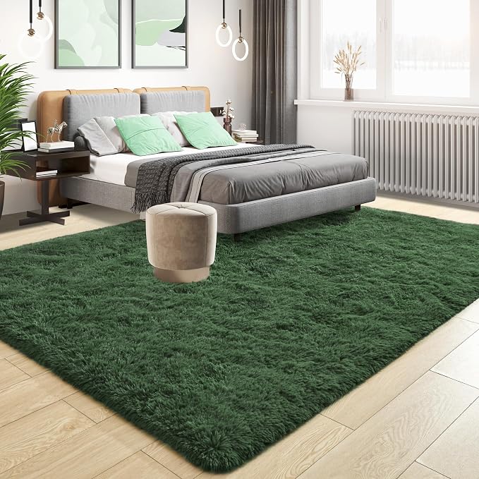 Tepook Fluffy Dark Green Rugs for Living Room Bedroom, 4x6 Soft Area Rug Forest Hunter Green Kids Girls Boys Rug, Indoor Plush Shaggy Non-Slip Carpet for Nursery Classroom Dorm Home Decor