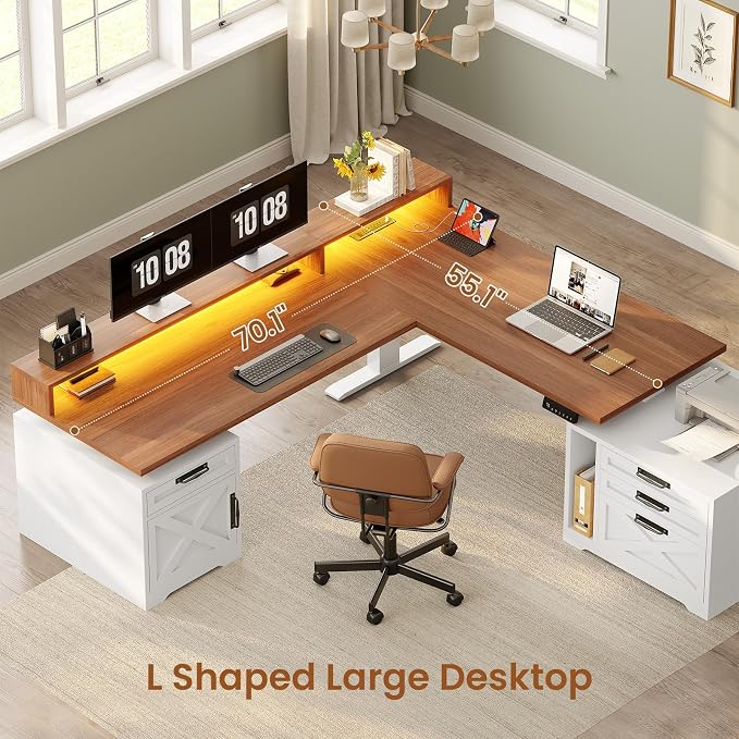 SEDETA Farmhouse L Shaped Standing Desk, 70.1" x 73.2" Height Adjustable Home Office Executive Desk with Drawers, Power Outlet, Monitor Stand, Sit Stand Table with Led Lights for Home Office, White