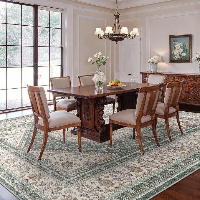 10x12 Area Rug for Living Room: Large Washable Oriental Rugs for Bedroom Non Slip Backing Stain Resistant Indoor Soft Floor Carpet for Dining Table Nursey Dorm Kitchen Low Pile Green/Beige