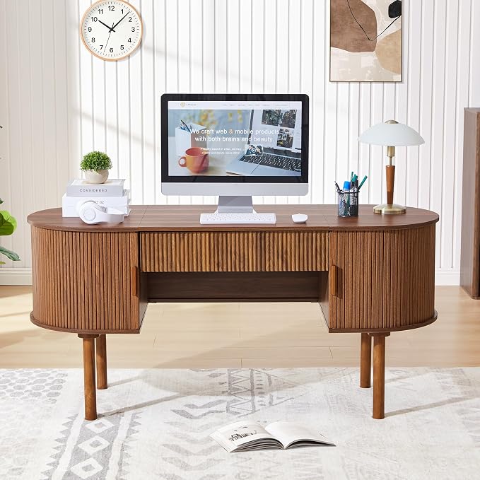 ORRD Home Office Oval Desk with Sliding Tambour Door and Drawer, Modern Fluted Wood Executive Computer Storage Desk for Study, Living Room, Bedroom, Office - Walnut