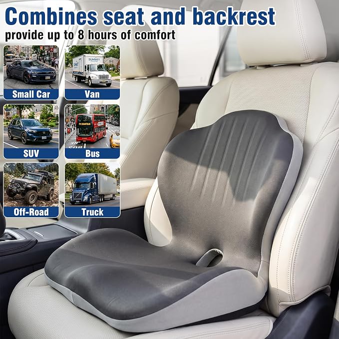 Car Seat Cushion with Lumbar Support Pillow, Memory Foam Office Chair Cushion for Back Pain Sciatica Pain Relief, Ergonomic L-Shaped Seat Cushion for Car Truck Driving Office Chair Home (Back Gray)
