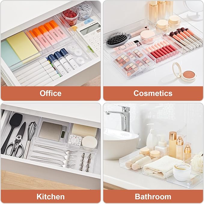 SMARTAKE 6 PCS Clear Plastic Kitchen Large Size Drawer Organizers Set | Non-Slip Desk Drawer Organizer, 2-Size Bathroom Vanity Drawer Organizer Trays for Makeup, Bedroom, Office, Kitchen Utensils
