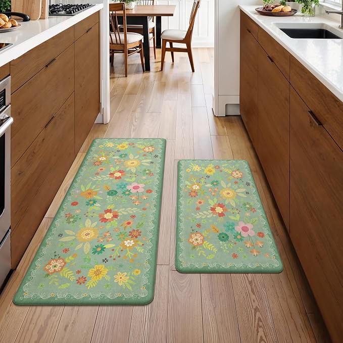 GENIMO Anti Fatigue Kitchen Mats for Floor 2PCS, Cushioned Standing Mats | 17.3"x47"&17.3"x30", Sage Green vintage floral rug set, waterproof, non slip, easy-clean for farmhouse