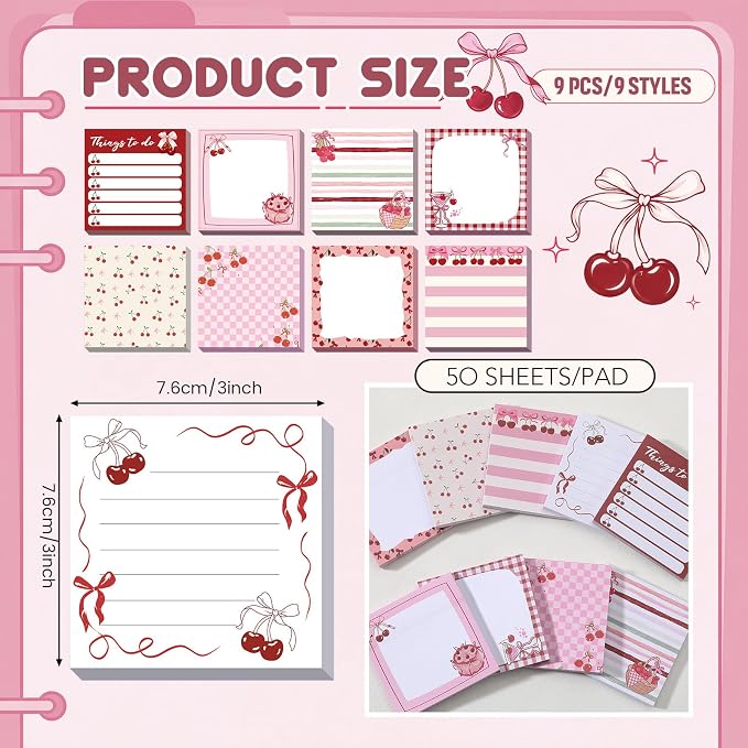 9 Pads Cherry Bow Sticky Notes 3x3 Inch Cute Self Stick Notepads Notes Adhesive Memo Pad Office Decor Gifts for Students School Teacher Meeting Office Supplies