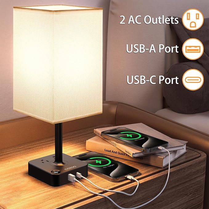 cozoo Bedside Table Lamp with 3 Levels Brightness,Dimmable Table Lamp with USB C+A Charging Ports,2 AC Outlets,Nightstand Lamp White Shade,Touch Bedroom Lamp for Living Read Work