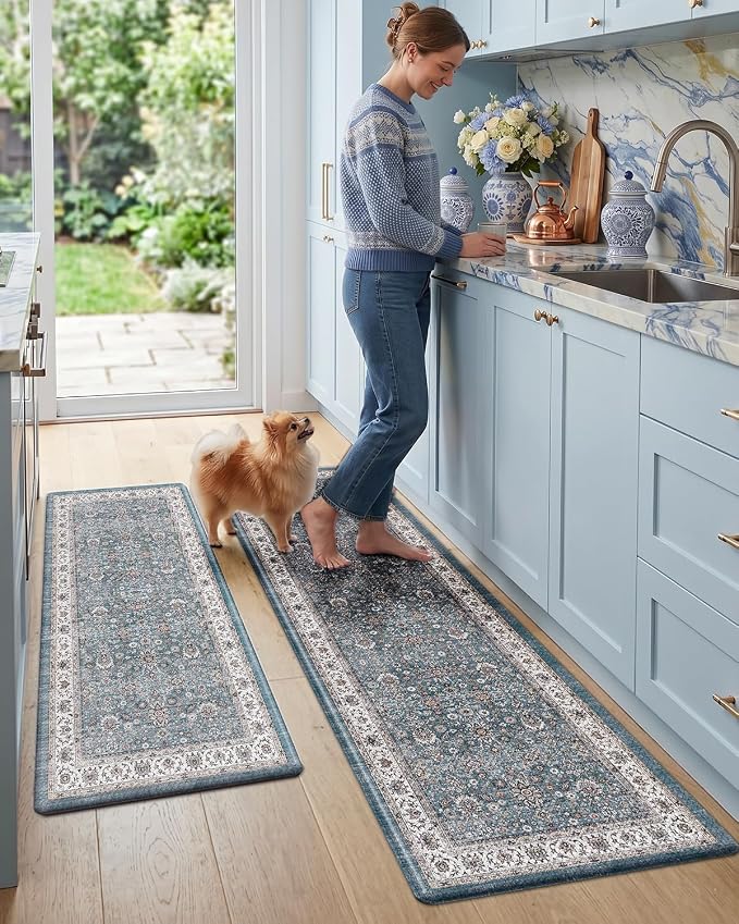 Color&Geometry Kitchen Mat 2Pcs-24x59+24x87 Vintage Anti Fatigue, Blue | 0.4in Cushion Standing Mat For Cooking/Working/Laundry, Boho Decor, Non Slip PVC Kitchen Rug, Oil/Water Proof, Anti Slip