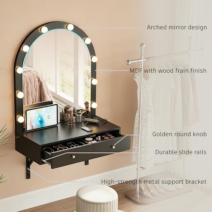 Merax Black Floating Vanity Desk Vanity Mirror with Lights, 3 Color Adjustable, 2 Storage Drawers & Charging Station, Wall-Mounted Makeup Vanity Shelf for Bedroom Hairdressers, 31" D x 54" H
