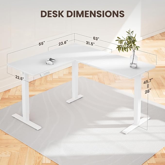 ErGear 63″ L Shaped Standing Desk Electric Adjustable Height, White | Left & Right Interchangeable Installation, 4 Memory Presets, One-Touch Control, Stable Steel Frame, 220 lbs Capacity