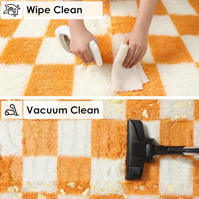 KICMOR Soft Fluffy 5x8 Orange and Cream White Rugs Living Room Carpets, Large Fuzzy Checkered Shag Area Rug Big Carpet for Bedroom, Indoor Plush Shaggy Rug for Nursery Teen Boys Girls Room Decor