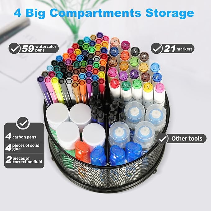 Rotating Pencil Holder for desk,Desk Pen Organizer | 360-Degree Rotating Pen Holder,Mesh Pen Holder for desk,4 Compartments,for Art Supplies/Marker /Desk Organizer