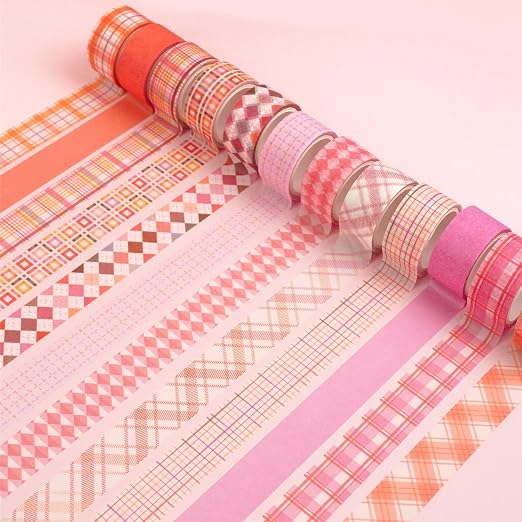Basic Grid Washi Tape Set 12 Rolls Plaid Decorative Masking Tapes for Arts, DIY Crafts, Journals, Planners, Scrapbook, Wrapping (Pink)
