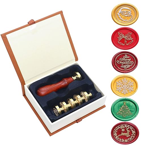 SWANGSA Wax Seal Stamp Set, Vintage 6 Pieces Christmas Sealing Wax Stamp Heads with 1 Wooden Handle for Christmas Gifts Party Invitations Cards (Christmas Set)