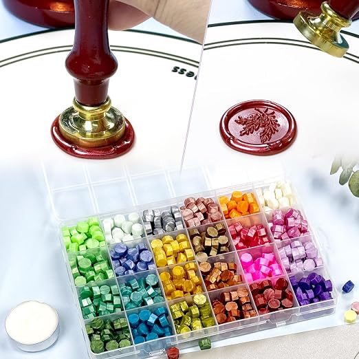 24 Colors Sealing Wax Beads for Wax Seal Stamp with 4Pcs Tea Candles and 1 Pcs WaxMelting Spoon for Gift, Wedding Invitation,Letter Envelopes,Sealing Wine Bottle
