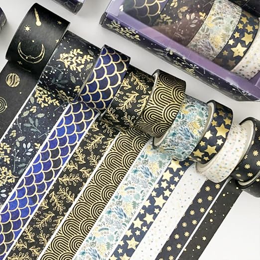 Creative Washi Tape Set 10 Rolls Gold Foil Print Decorative Masking Tapes for Arts, DIY Crafts, Journals, Planners, Scrapbook, Wrapping (Black Mashup)
