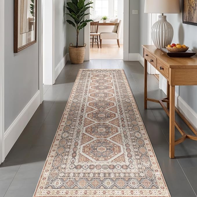 3x10 Runner Rug Kitchen Washable: Oriental Indoor Hallway Runners with Non Slip Backing Floor Mat for Entryway Door Low Pile Thin Carpet for Bedroom Bathroom Living Room Bedside Brick