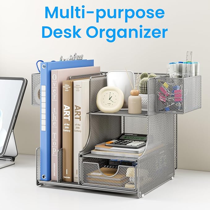 Lavatino Desk Organizer – 4-in-1 Silver Mesh Office Supplies Organizer with Pen Holder, File Holder, Desktop Tray, and Drawer for Home, Office, Classroom