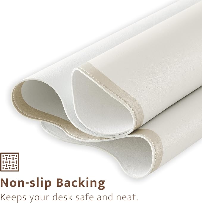 Scalloped Desk Mat, 31.5" x 15.7", PU Leather, Waterproof Anti-Slip, Cute Aesthetic Desk Pad for Office/Home/Game/Vanity (Beige, 31.5" x 15.7")