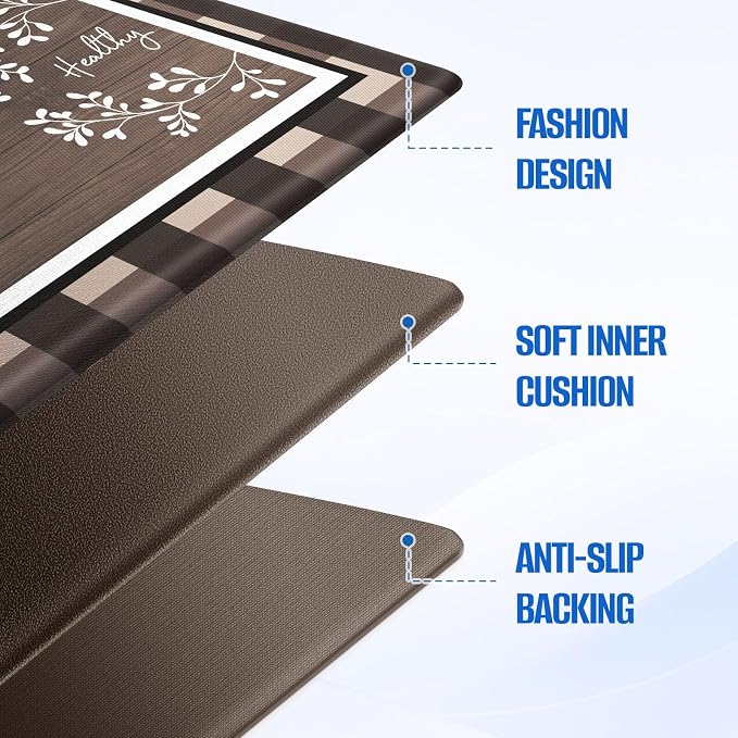 Kitchen Rugs, 2 PCS Kitchen Mats for Floor, Cushioned Non-Slip Anti Fatigue Mats for Kitchen Floor, Kitchen Runner for Standing Desk, Office, Laundry(17.3’’x 30’’+ 17.3’’x 47.2’’, Brown)