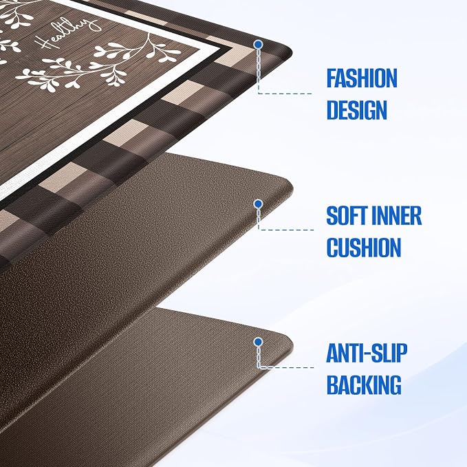 Kitchen Rugs, 2 PCS Kitchen Mats for Floor, Cushioned Non-Slip Anti Fatigue Mats for Kitchen Floor, Kitchen Runner Rugs for Standing Desk, Office, Laundry(17.3’’x 30’’+ 17.3’’x 59’’, Brown