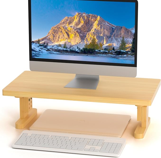 Bamboo Monitor Stand Riser for Desk with 4-Level Height Adjustment | Ergonomic Computer Riser, Desktop Organizer Shelf, Sturdy 100 lbs Support, Height Adjustable Laptop Stand, Warp-Proof, Large