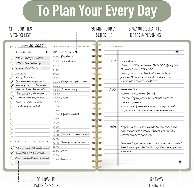 Daily Planner Undated - Simplified To Do List Notebook with Hourly Schedules, Spiral Appointment Organizer, 5.5" x 8.5", Easily Manage Your Tasks and Productivity - Green