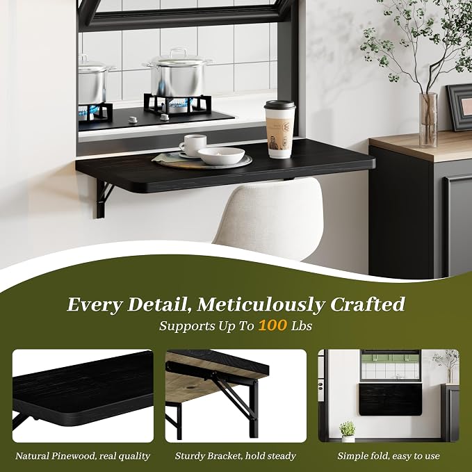Dogsky Floating Wall Desk, 24" x 14" Wall Mounted Folding Table, Pine Wood Fold Down Wall Table, 100 lb Capacity Wall Mount Desk for Small Apartment, Laundry Room,Kitchen,Bar & Computer Use, Black