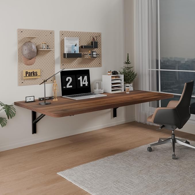 Floating Foldable Desk,Wall Mounted - Folding Computer Table with Engineered Wood,Study Table with Shelf Brackets,Fold Down Shelf,Fold Computer Desk for Small Apartment,Holds 500 lb,36" x 22",Walnut