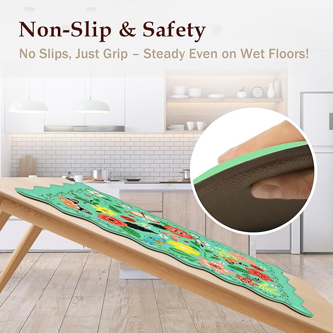 Scalloped Green Kitchen Mats for Floor 2PC Cushioned Anti Fatigue Kitchen Mats Rugs Waterproof Non Slip Farmhouse Boho Floral Comfort Foam Standing Mat for Sink Laundry