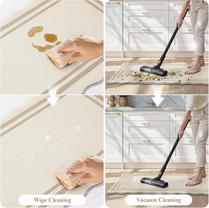 KIMODE Anti Fatigue Kitchen Mats, Padded Kitchen Floor Mats,Boho Kitchen Rugs Sets of 2, Beige Scalloped Rugs for Kitchen Floor, Cushioned Standing Mat for Laundry Office Sink Desk 17"x47"+17"x29"