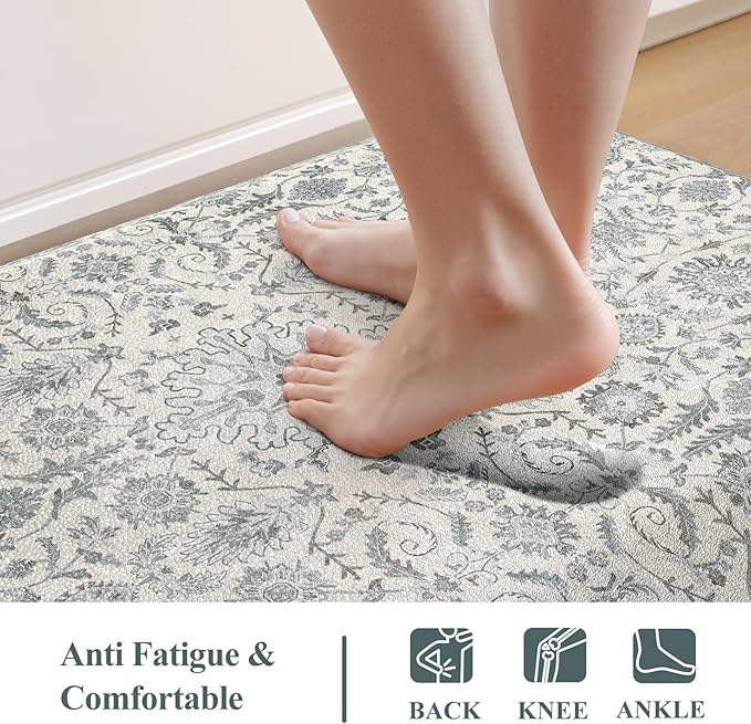 Collive Anti Fatigue Mats for Kitchen Floor, Cushioned Non Skid Kitchens Rug Sets of 2 Waterproof Padded Sink Rugs, Boho Floral Rug Comfort Standing Mat for Home Office, 17.3"x28" + 17.3"x47"
