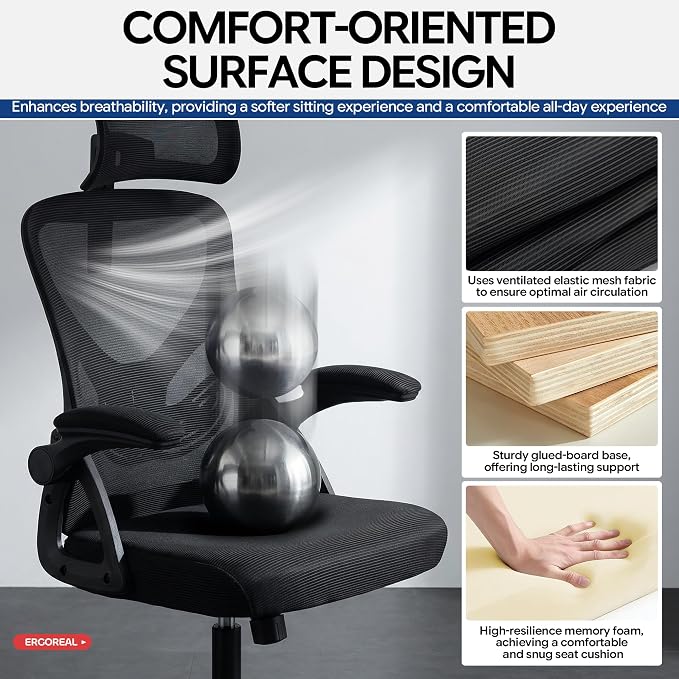 Ergonomic Office Chair–Mesh Computer Chair with Adjustable Lumbar Support, 2D Headrest, Foldable Armrests & Class 3 Gas Lift–Comfortable Home Office Desk Chair for Long Sitting, 400 lbsBlack