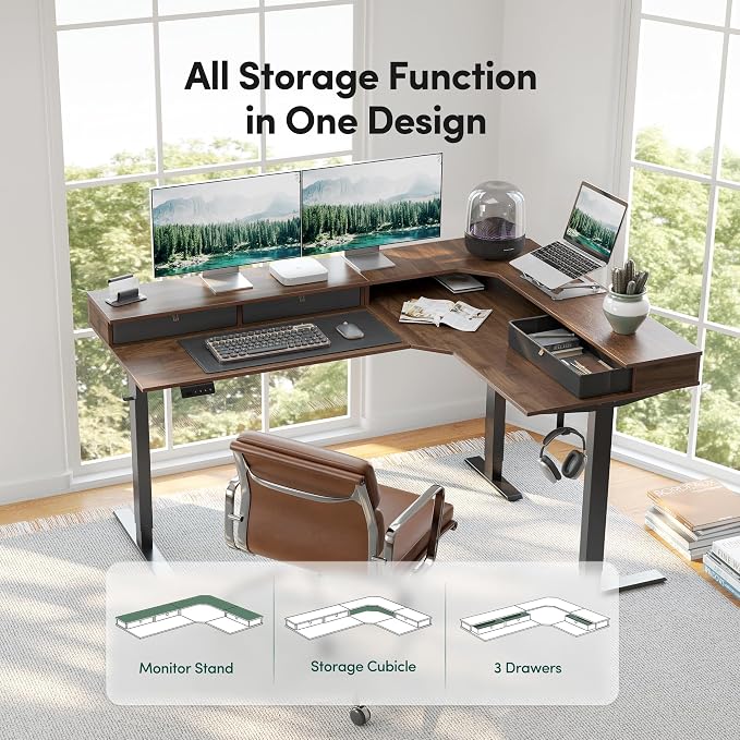 CubiCubi L Shaped Standing Desk with Drawers 63 x 48 Inch Adjustable Height, Electric Corner Desk with Storage, Sit Stand Home Office Desk with Splice Board, Black Walnut