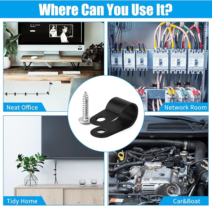 VIPMOON 100Pcs 3/8 Inch R-Type Cable Clamps, Nylon Plastic Cable Clips with Screws, Mounting Cord Fasteners for Electrical Wire Clamps Management, Black