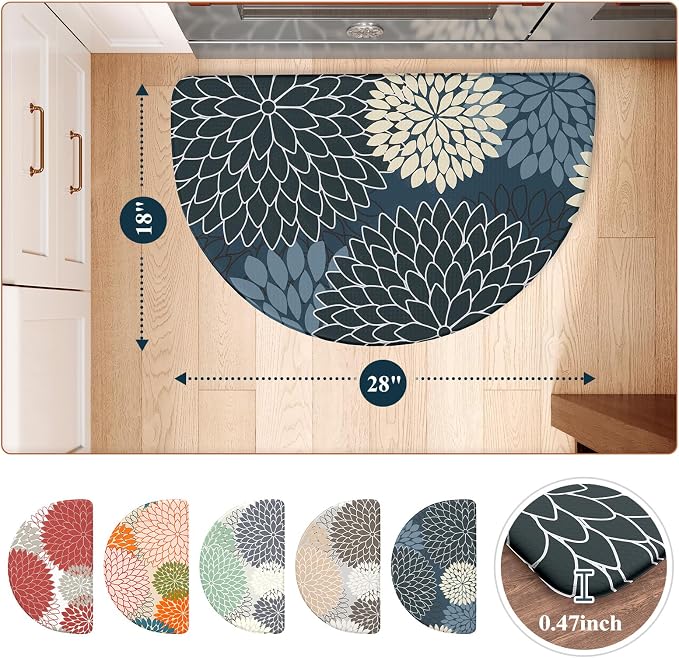 KIMODE Half Circle Kitchen Mats for Floor Cushioned Anti Fatigue Semi Round | Half Round,28"x18",Dahlia Boho,Blue,Kitchen Rug Non Slip ,Waterproof Sink Floor Mat Carpet Decor for Laundry Bathroom