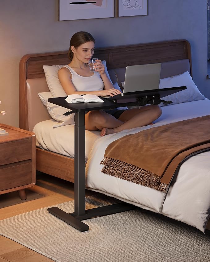 SANODESK 32''Overbed Table Gas Spring Lifting with Wheels&Tilting Desktop | Rolling Mobile Laptop Desk End Table,Portable Computer Workstation for Home Office,Sofa,Bedside,31.5" W x 17.7" D, Black