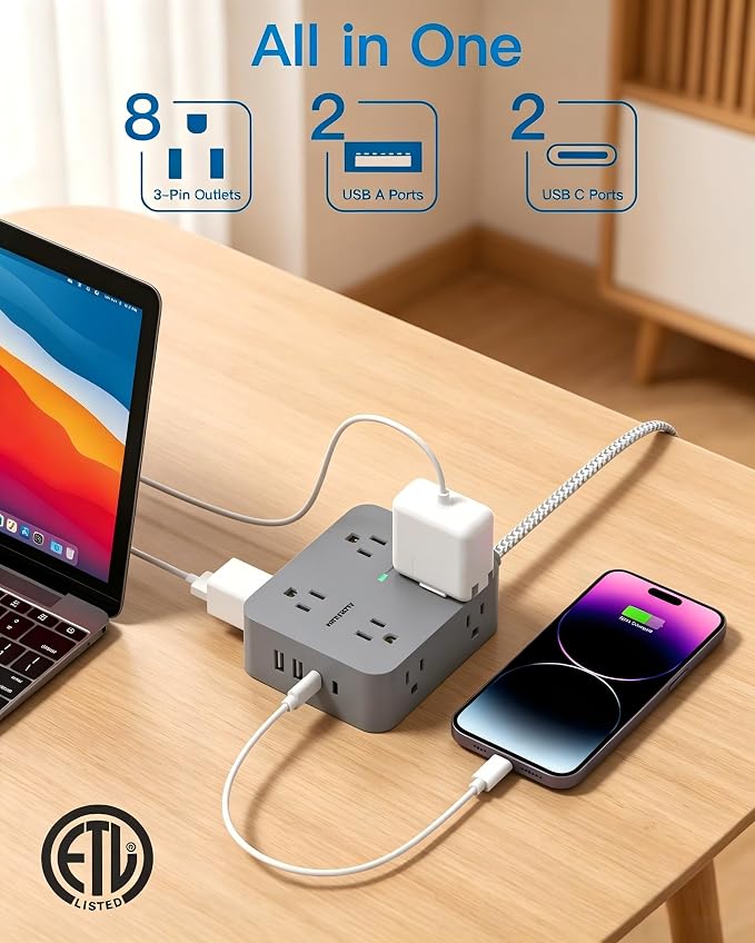 Surge Protector Power Strip - HANYCONY 8 Outlets 4 USB (2 USB C) Charging Ports, Multi Plug Outlet Extender, 5Ft Braided Extension Cord, Flat Plug Wall Mount Desk Charging Station for Home Office ETL