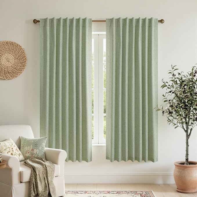 KOUFALL Linen Blackout Curtains 63 Inch Length for Bedroom,Sage Green Black Out Boho Thermal Insulated Room Darkening Curtains for Livng Room 63 Inches Long 2 Panels Set