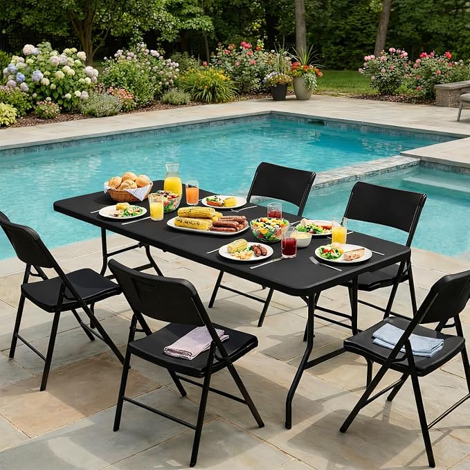 FDW 8FT Plastic Folding Table, Portable with Carrying Handle Perfect for Indoor, Outdoor, Party, Dining, Wedding, Events, Camping, Black