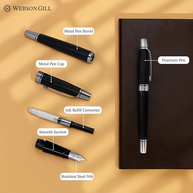 'Show Up' Black Luxury Executive Fountain Pen, Woven Polished Lacquer, Chrome Accents, Stainless Steel Nib, Easy Refill Ink Piston Converter, Smudge Free No Bleed, Fits Instant Insert Ink Cartridges