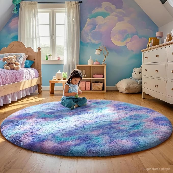 Ophanie Round Rugs 5Ft Tie-Dye Rainbow Purple Area Rug,Aesthetic Room Decor,Fluffy Fuzzy Bedroom Carpet,Plush Soft Shaggy Living Room Rugs for Kids Home,with Over 999 pcs Non-Slip Backing Pattern