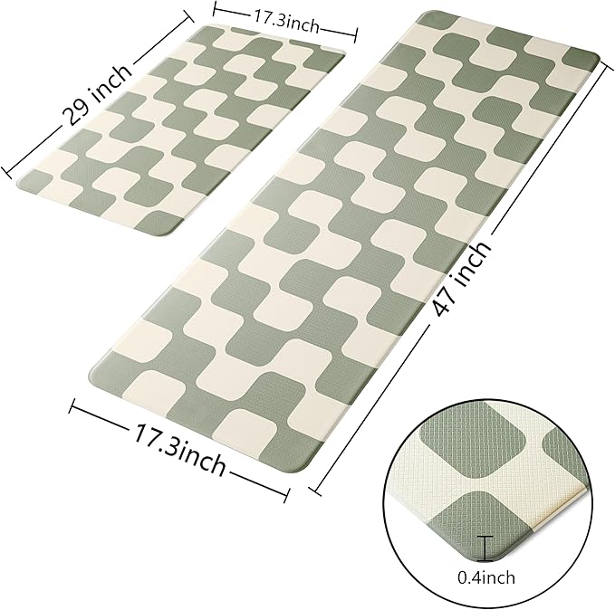 Sage Green Beige Retro Curvy Checkered Grid Checkerboard Kitchen Rug Sets [2 PCs], Anti-Fatigue, Waterproof Non-Slip Kitchen Mats Heavy Duty Comfort Foam Rug for Floor, Home, Laundry,17"x29"+17"x47"