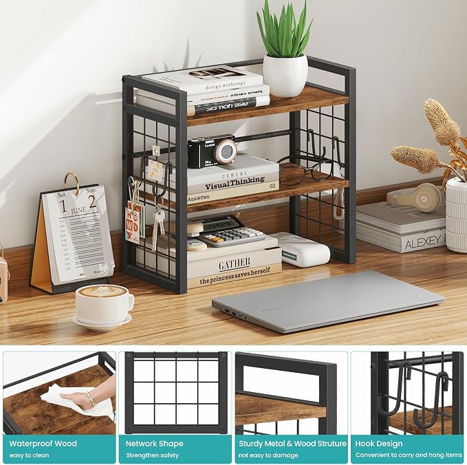 ELITEROO Desktop Shelf Organizer, 2 Tier Wood Desk Bookshelf, Rustic Brown | Desk Top Storage Rack for Office, Dorm, or Bedroom Decor, Small Tabletop Shelf for Books, Plants & Accessories